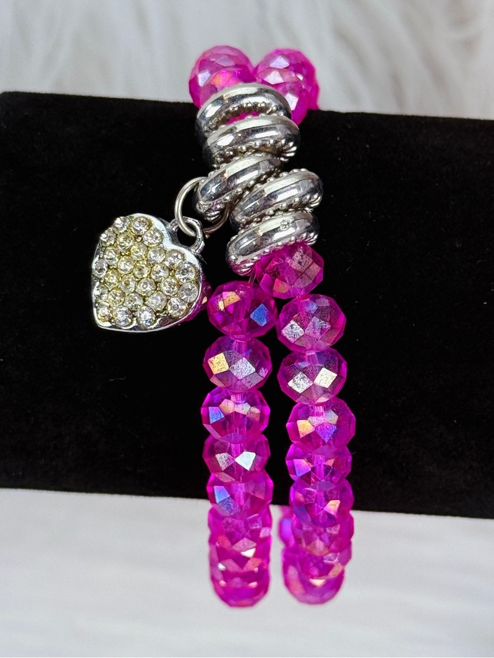 Pink Bling Stretch Bracelet with Heart Charm